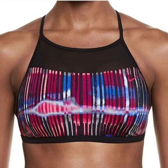 Nike Electrify Sport High-Neck Bikini Swim Top in Fuschia Stripe Size Small - Picture 1 of 12